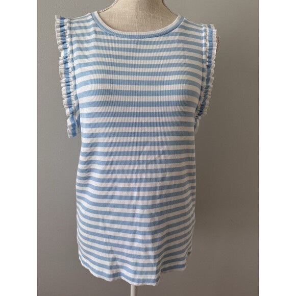 J.CREW‎ Ribbed Ruffle Tank Blue and White Striped Women's Size Large - Picture 1 of 7